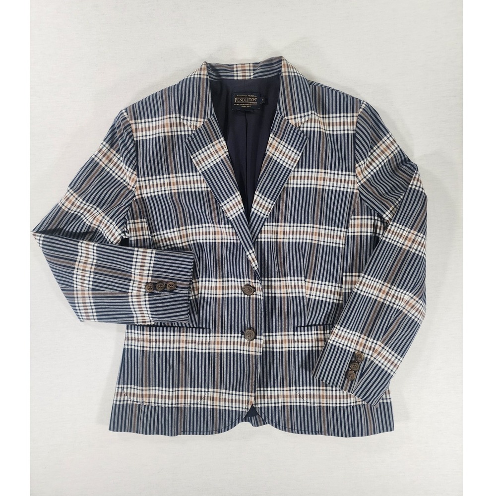 Pendleton Blazer Women 6 Stripe Plaid Blue White Cotton Lined Academia Preppy